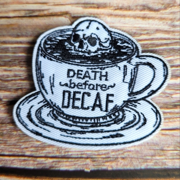 Death Before Decaf Skull Coffee Gothic Embroidered Iron on Patch - Picture 1 of 2